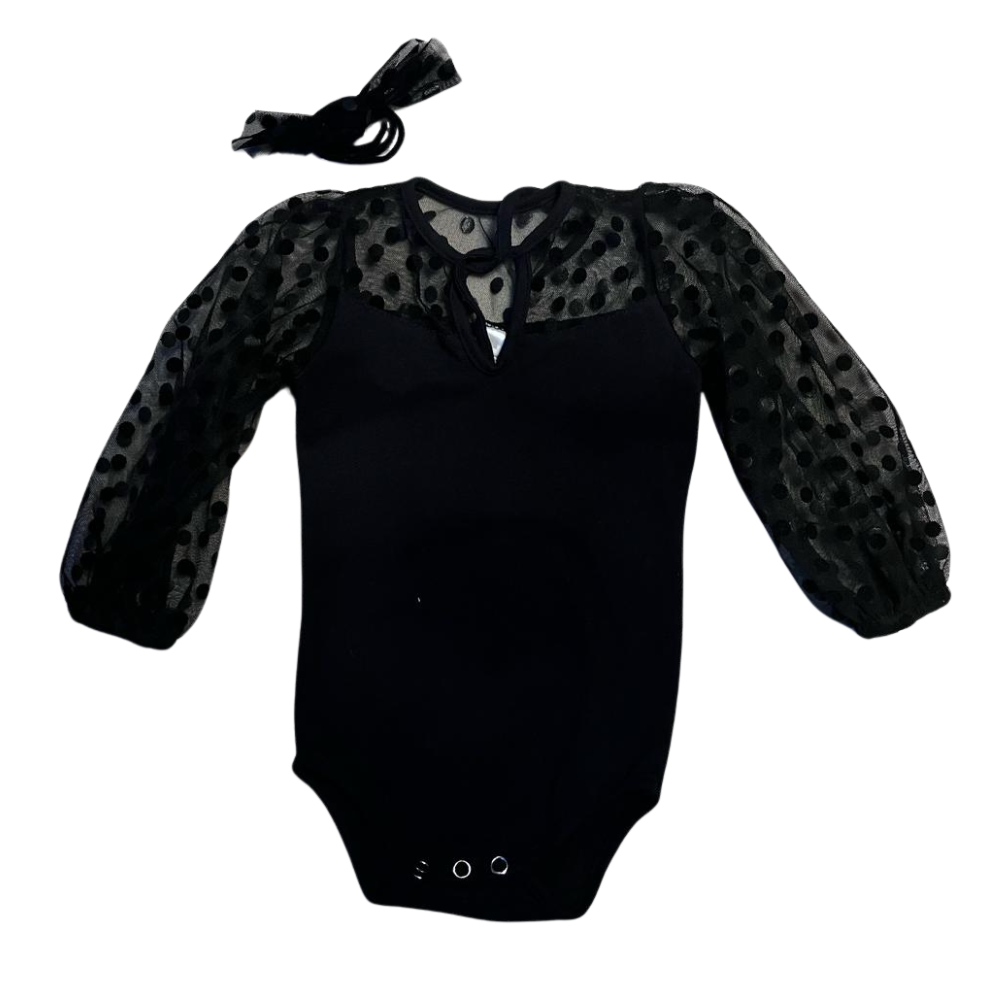 Long Sleeve Black Polka Dot Onesie Headband Kido Baby