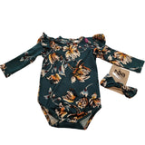 Nika - Forest green floral long sleeved girl vest & headband