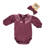 Nika Couture Mauve Long Sleeve Ruffle Neck Onesie with Headband Set
