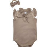 Nika - Beige girl vest with lace shoulders and headband