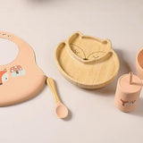 Bos + Blom - Pastel Peach Fox Silicone & Bamboo Full Dining Set