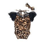 Nika Couture Leopard Onesie  With Tulle Yoke and Drama Sleeves & Headband set