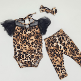 Nika Couture Leopard Onesie  With Tulle Yoke and Drama Sleeves & Headband set
